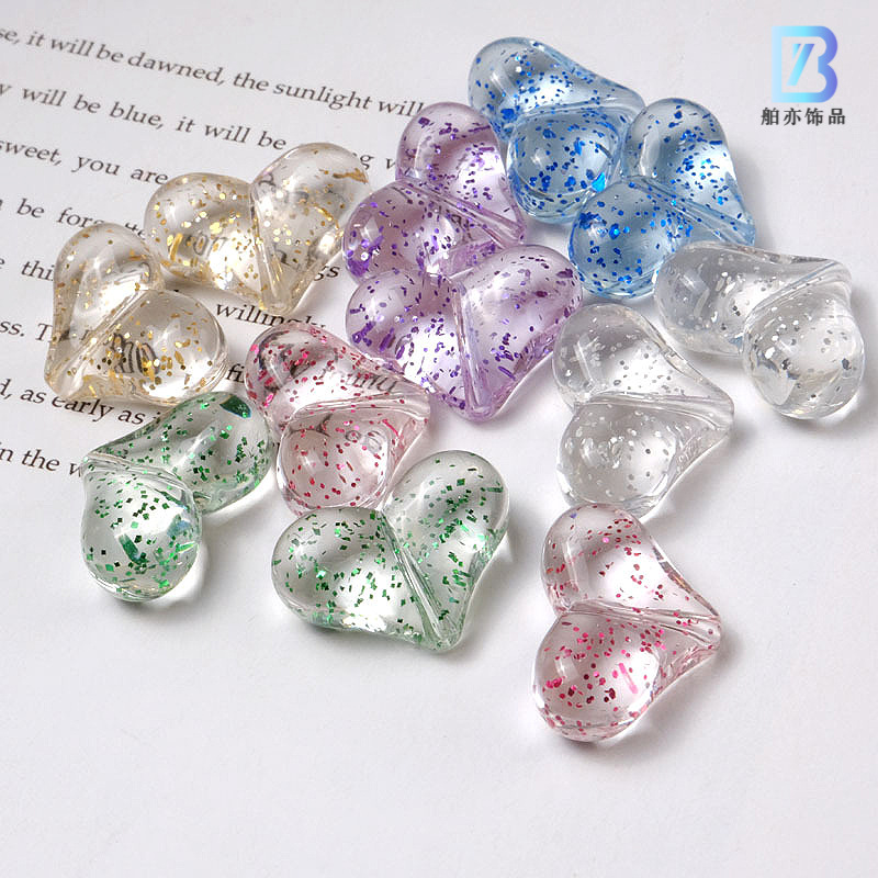 满天星亮片爱心葱粉透明桃心穿孔珠亚克力桃心串珠手机链手链配件