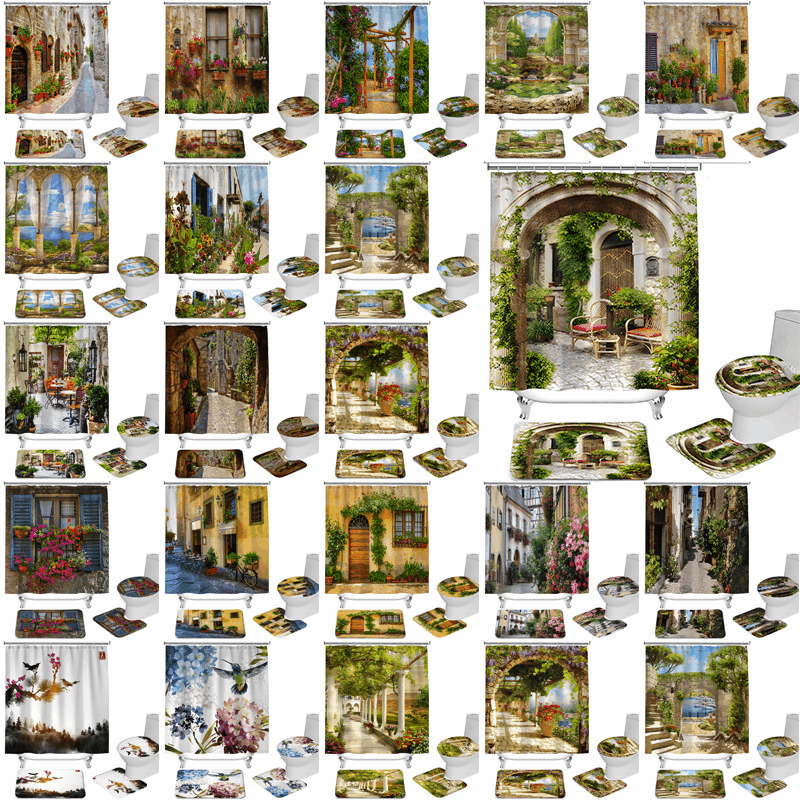 Tenda da doccia per bagno INS Nessuna perforazione Tenda per barriera per doccia da bagno Cortile con vista floreale Tenda da doccia_voghion.com