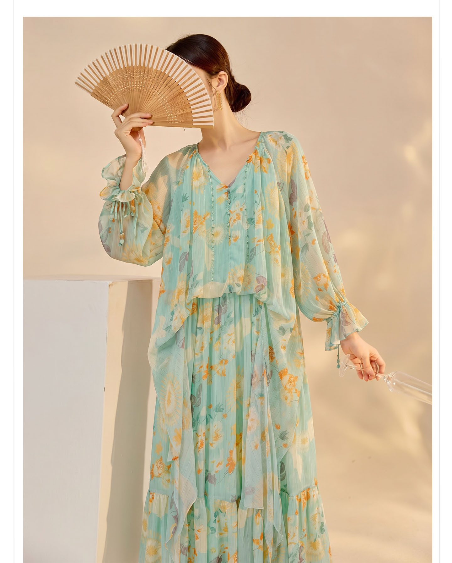 Váy maxi nữ phong cách Trung Quốc mới in họa tiết giả hai lớp thiết kế dáng dài mùa hè — Thiên Thanh chi tiết 5
