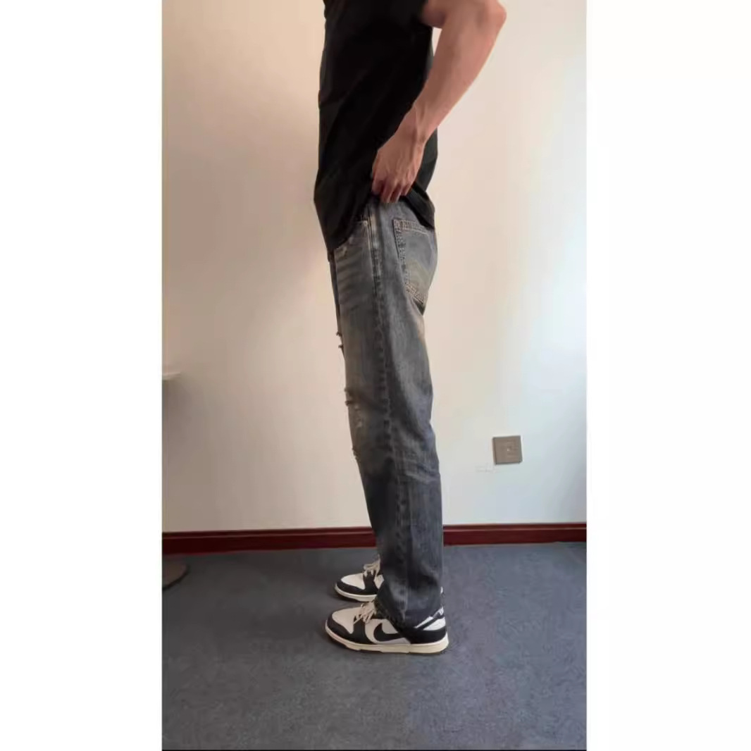 American vibe retro agujeros jeans hombre verano delgado recto pantalones largos pantalones oversize