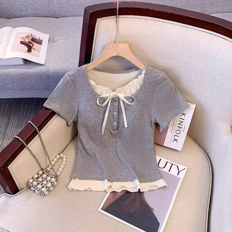 小香风假两件正肩短袖t恤女装2025夏季小个子设计感小众百搭上衣