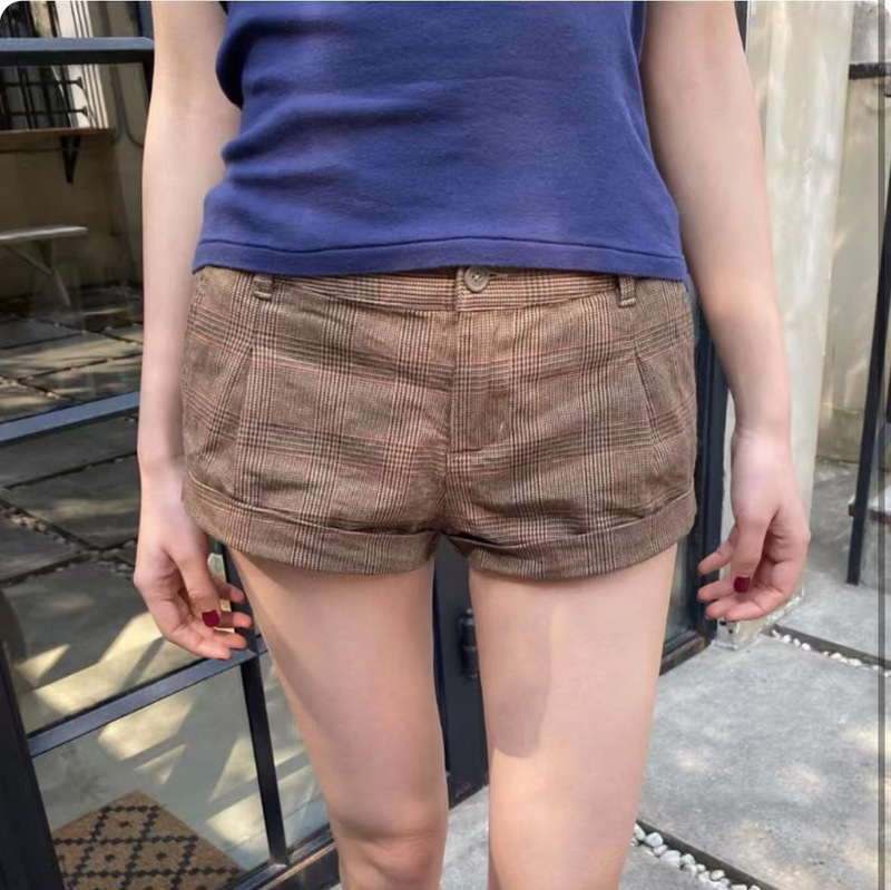 Bm Style New Brown Plaid Casual Shorts for Women, Slimming Versatile Leg-Lengthening Cuffed Sports Hot Pants, Ultra-Short Shorts