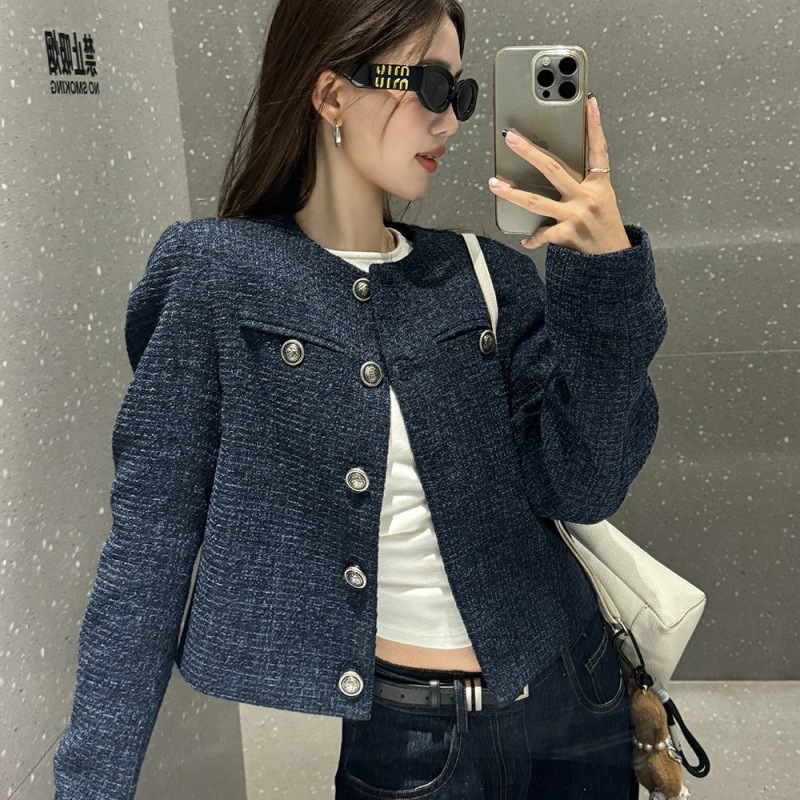藏蓝色法式松弛感小香风外套2025秋季设计感单排扣气质短款上衣|undefined