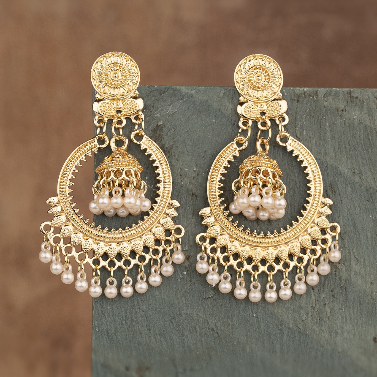 European and American Exaggerated Pearl Earrings Bohemian Retro Ethnic Style Alloy Small Bell Pendant Tassel Earrings for Women