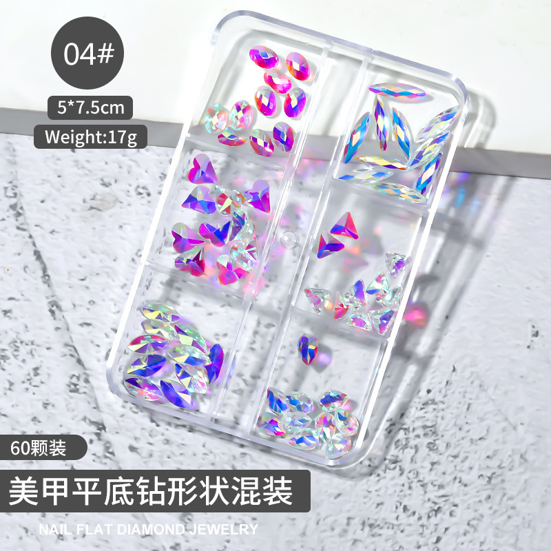 Cross-border Especial 6-grid Caja Mixta joyería de uñas transparente cuadrado plano espejo de diamante en forma especial Aurora uñas Rhinestone