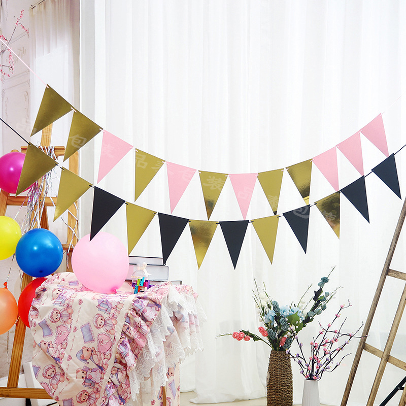 Colorful Multicolor Birthday Banner Triangular Flag Gold Foil Black Pink Gold Triangular Flag Birthday Party Decoration Gold Foiled Banner