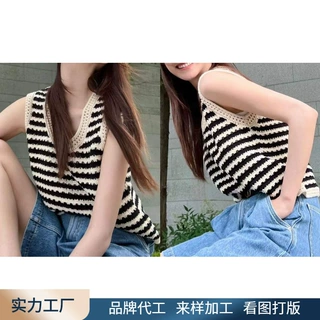 定制女式羊毛衣毛衫胡意璇同款条纹镂空针织女装背心羊毛上衣圆领