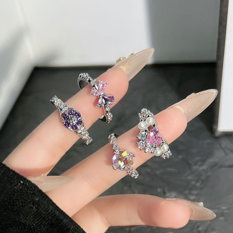 粉紫彩钻梦幻甜酷风蝴蝶爱心冷淡风轻奢开口戒指女叠戴高级感指环|undefined