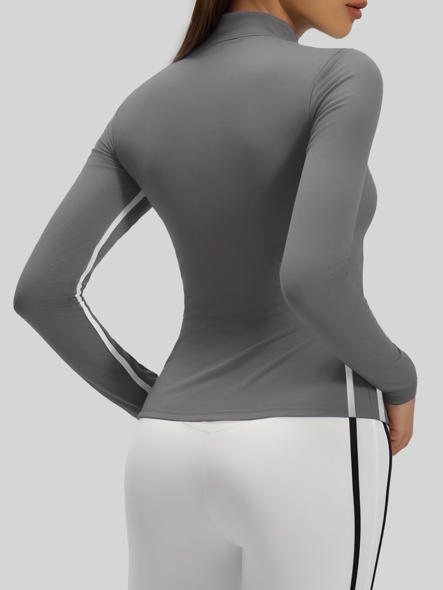 Otoño y invierno ropa de yoga de cuello vertical mujer cintura delgada camisa de mangas largas deportiva al aire libre chaqueta ajustada de doble estriado image 3