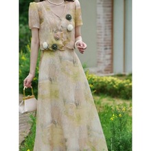 新中式中国风复古油画晕染欧根纱衬衫+半身裙套装女夏季新款