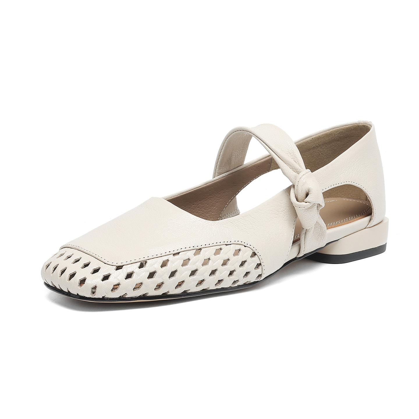 Sandal nữ mũi nhọn da dê đục lỗ gót thấp 2 cm, miệng nông hở mũi — đen