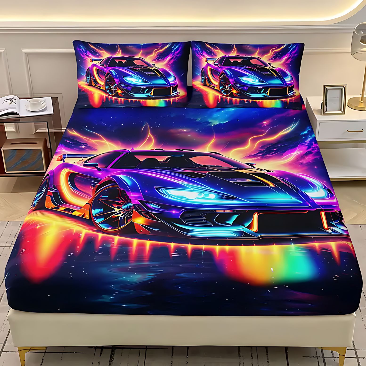TEMU / JIT Cross-border neon luminoso coche deportivo 3D impresión digital cama gaza pillow kit para dibujar