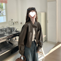 H8A咖啡色皮衣外套女春秋2025新款美式复古小个子pu皮夹克机车服