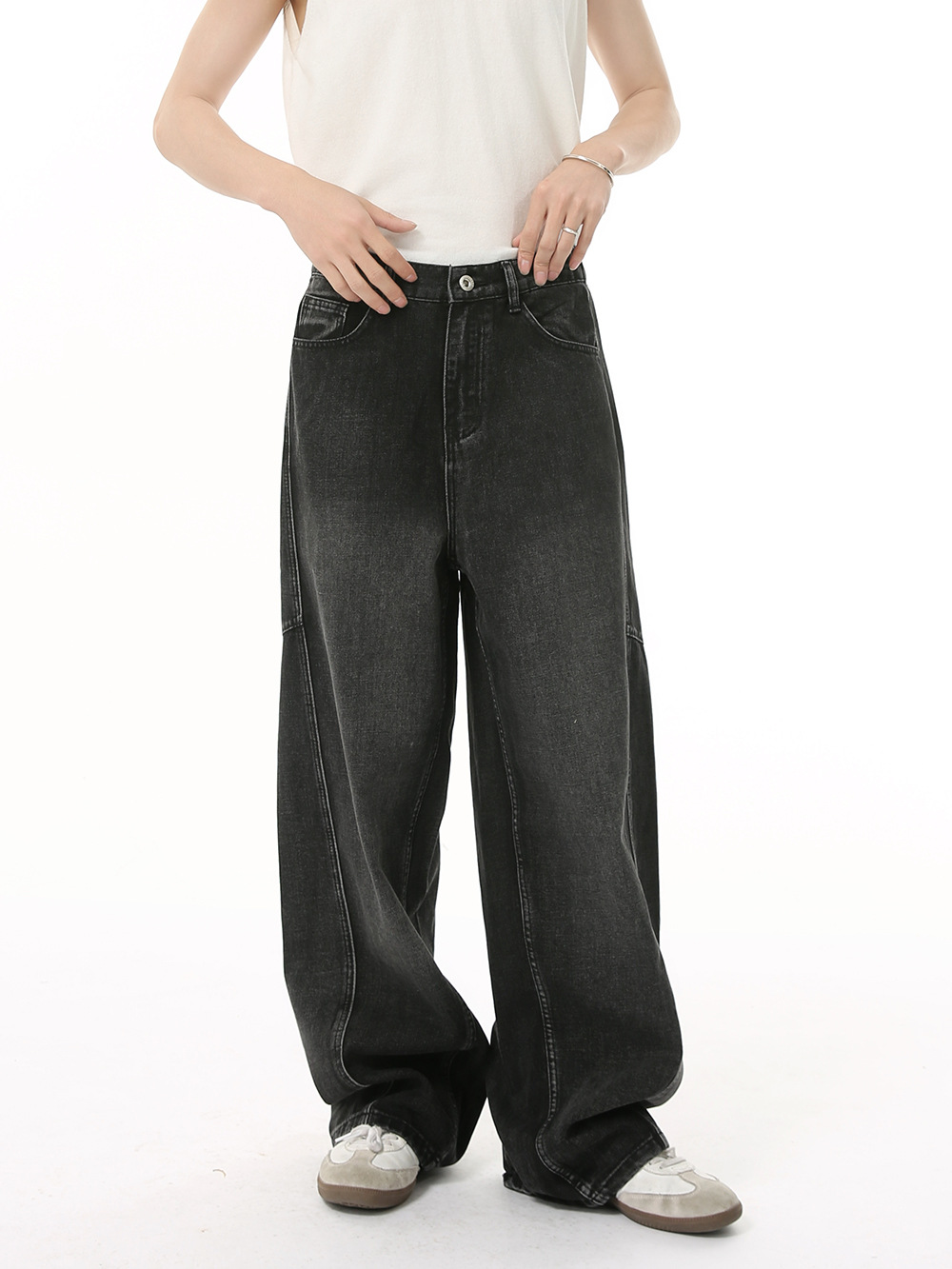 MTLCLOTHES para hombre | American Four Seasons Costuras Deconstruidas Pantalones de mezclilla gris negro sueltos de pierna ancha Tren casual