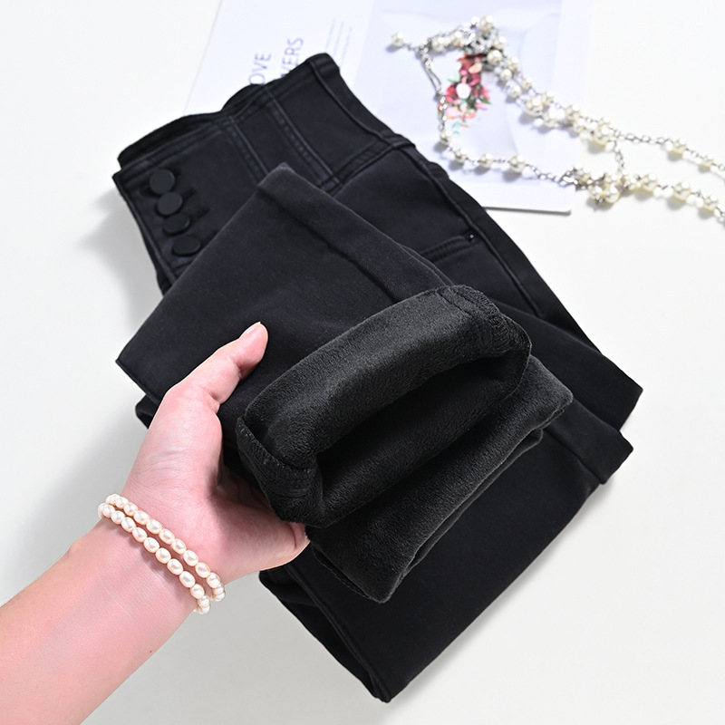 Fleece-lined skinny pants with boots! Warm black pencil pants women's winter stretch smoky gray jeans 312