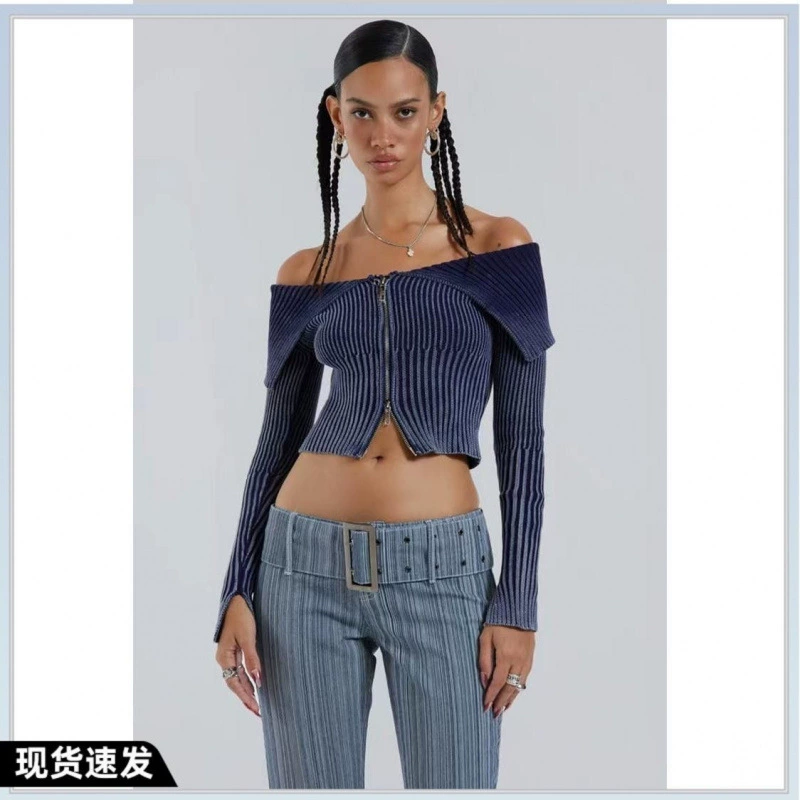 Jaded London retro tannin color water washing water shoulder thread zipper spicy girl dew sweater sweater