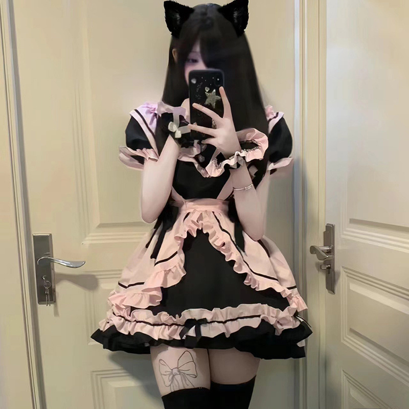 ニャー: ガールキャットメイド服、かわいいヘビーデューティーの大きなリボンのテール付きデイリーロリータドレス|undefined