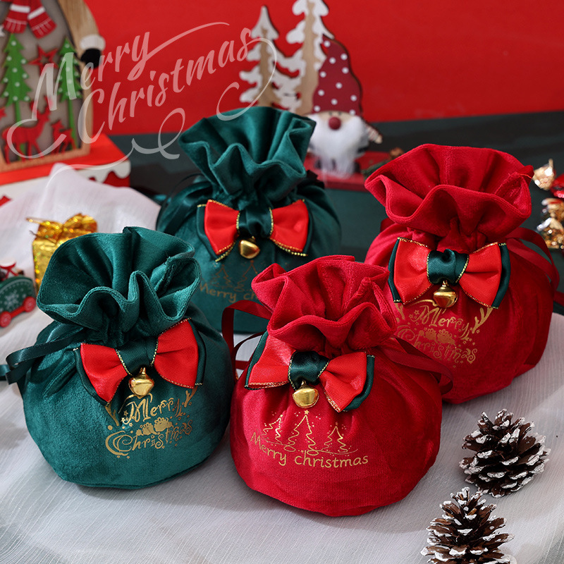 新しいクリスマスのリンゴの袋の綿布の箔押しの口のプレゼントの袋は蝶結びのクリスマスの子供のキャンディーの贈り物の袋を持ちます。|undefined
