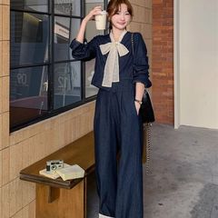 蝴蝶结牛仔套装女春秋阔腿裤两件套高级感小香风一整套韩系流行