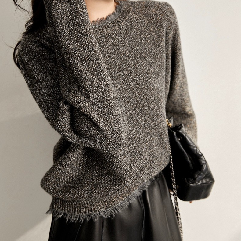 Self-consistent Elegant Shining Bright Silk Selection Wool Tassel Edge Round Neck Knitted Pullover Women's Autumn Sweater