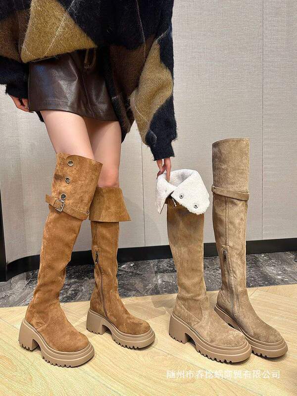 Retro Brown Two-Wear Thick-Soled Heightening Western Boots Autumn and Winter Suede High Boots Thick Heel High Heel Over-The-Knee Boots for Women