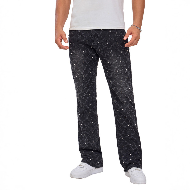 Men's Denim Fashion Personality Straight-Leg Pants European and American Fashion Ins Popular Stretch Pearl Denim Layered Men's Pants
