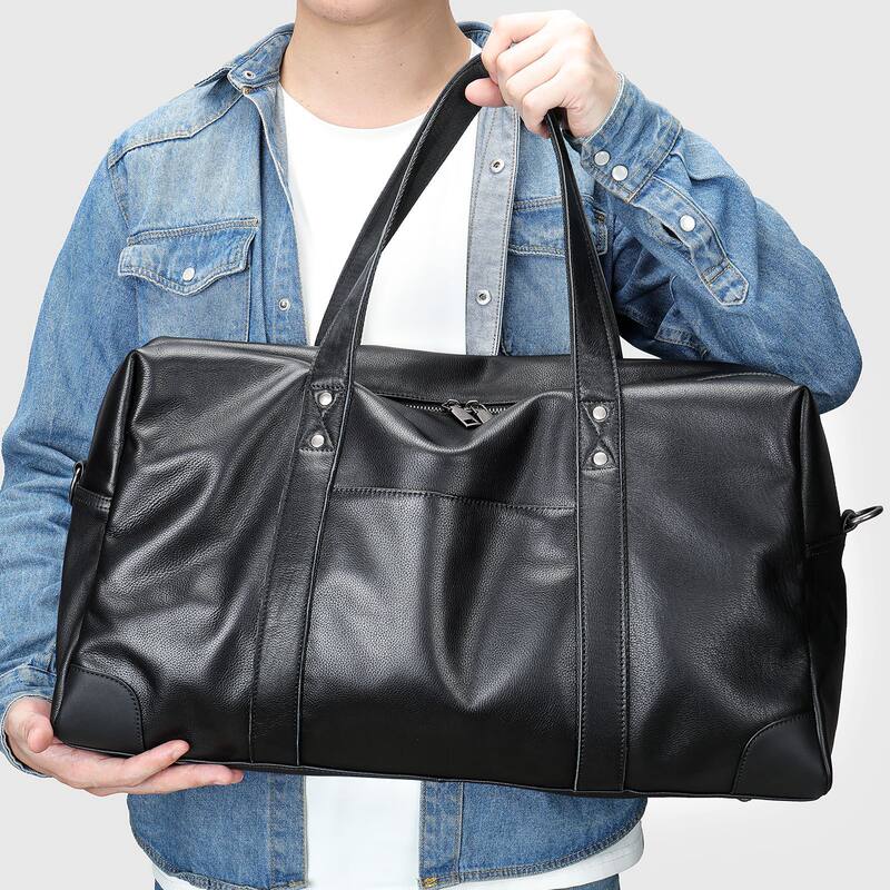 Túi du lịch nam da bò thật Malute dung tích 20–35L chống thấm nước, túi xách tay kiêm đeo chéo tập gym — Màu đen, màu xám đậm