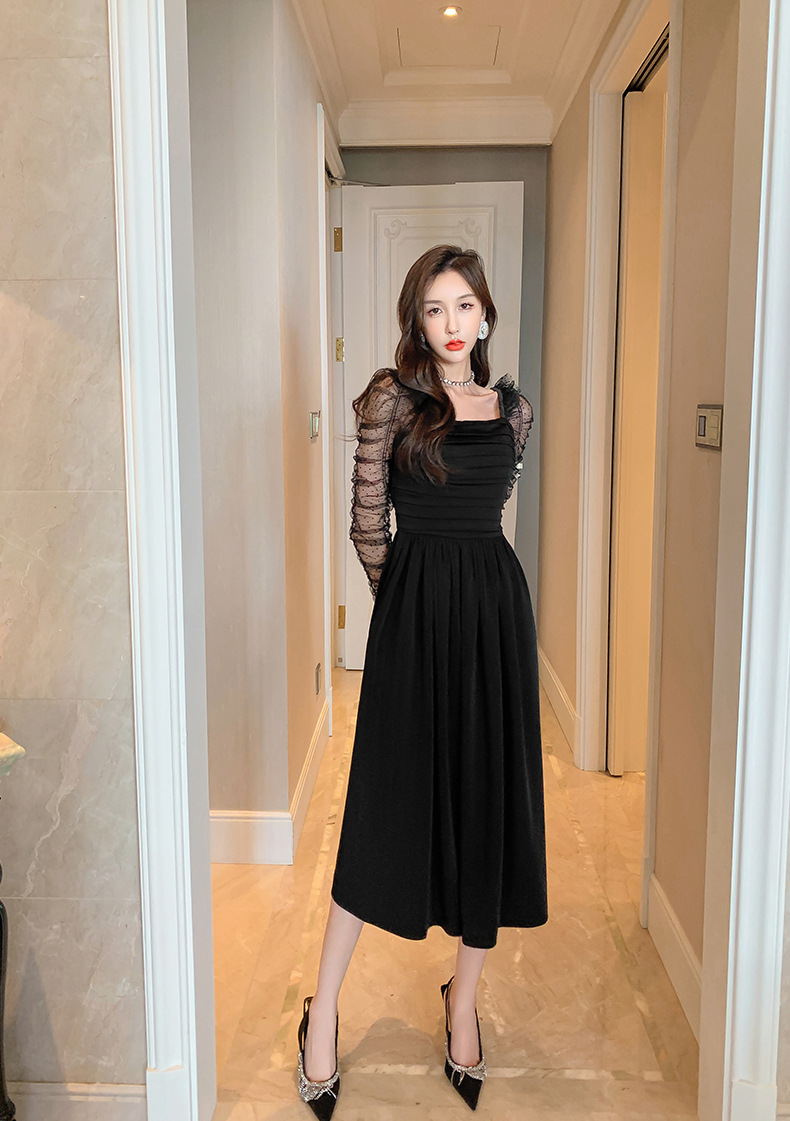 Váy đen ngắn kiểu Hepburn phối lưới tay bồng cổ vuông eo xếp ly — Màu đen chi tiết 16