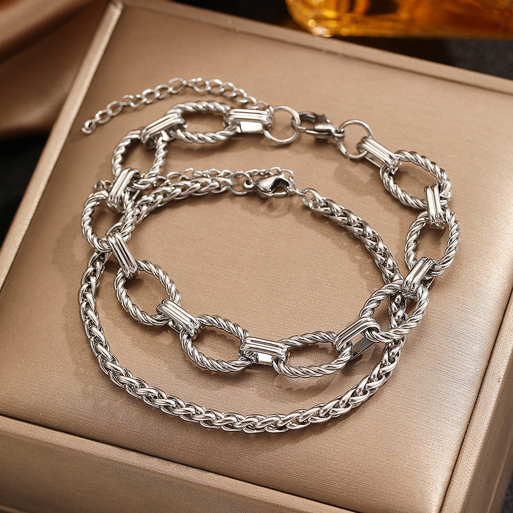European And American Style Stainless Steel Men's Cuban Double Layer Stacking Set Bracelet Figaro Braided Chain Simple_voghion.com