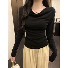 纯欲性感一字肩长袖T恤女秋季新款修身显瘦露肩内搭打底荡领上衣