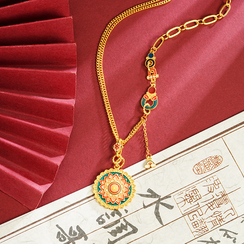 Guochao Guofasha collar de oro esmalte color mandala rueda de tiempo cadena de clavícula de joyas de la nacionalidad femenina no se desvanece