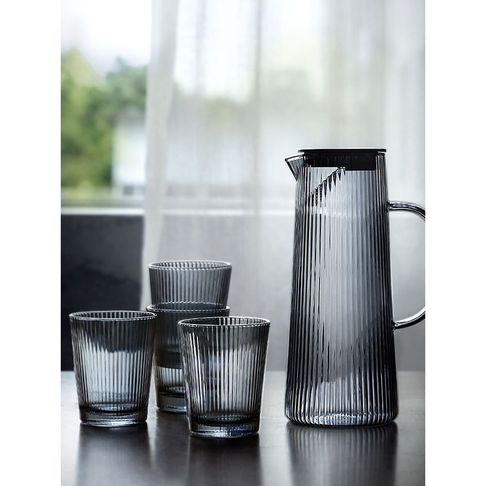 日式耐熱玻璃冷水壺大容量果汁扎壺家用條紋果茶壺水杯涼水壺套裝