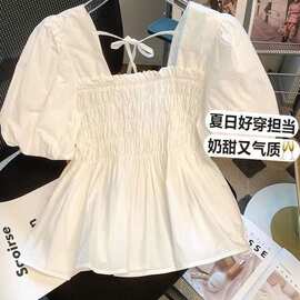 夏季新款法式方领褶皱短袖娃娃衫女小个子泡泡袖雪纺衬衫上衣