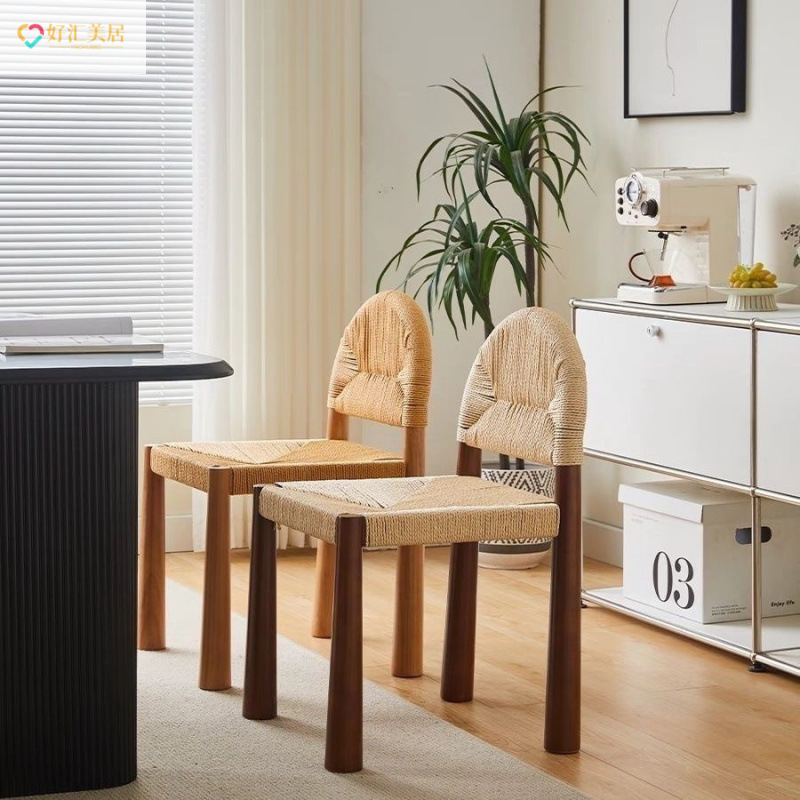 Water Grass Woven Rattan Chair Designer Homestay Restaurant Rattan Woven Middle Ancient French Style Solid Wood Chair Retro Middle Ancient Solid Wood Chair