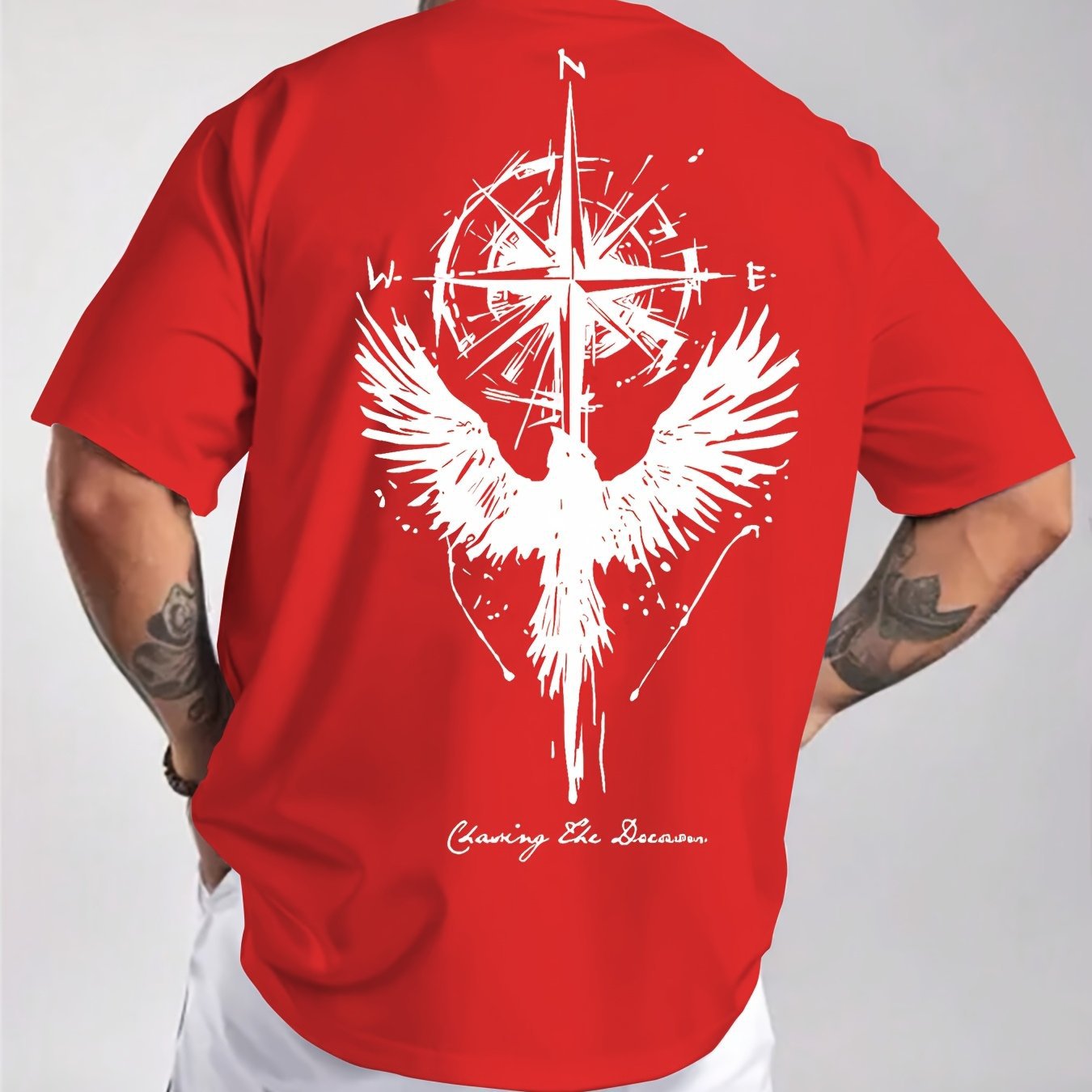 Men's Summer Pure Cotton Fashion Casual Loose Compass Map Bird Print Crew Neck Short Sleeve T Shirt_voghion.com