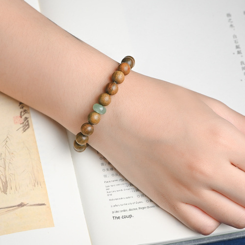 Green Sandalwood Bracelet for Women, Wooden Mori-Style Bracelet, Vintage Chinese-Style Sandalwood Beaded Bracelet—Single-Turn Design for Couples, Also Ideal as a Buddhist Prayer Bead Accessory for Men