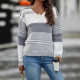 European and American Cross-border Loose V-neck Color-block Striped Sweater Pullover Long-sleeved Sweater in stock Women Amazon Autumn and Winter