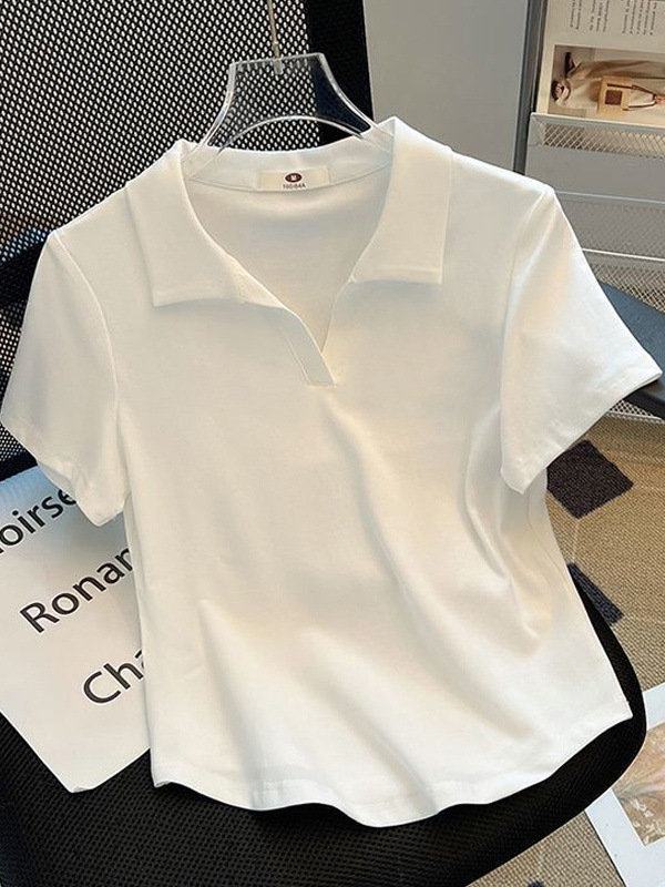 ポロラペル半袖 Tシャツ女性のための 2025 新しい夏ファット mm 右肩カバー腹痩身カーブヘムトップスシャツ|undefined