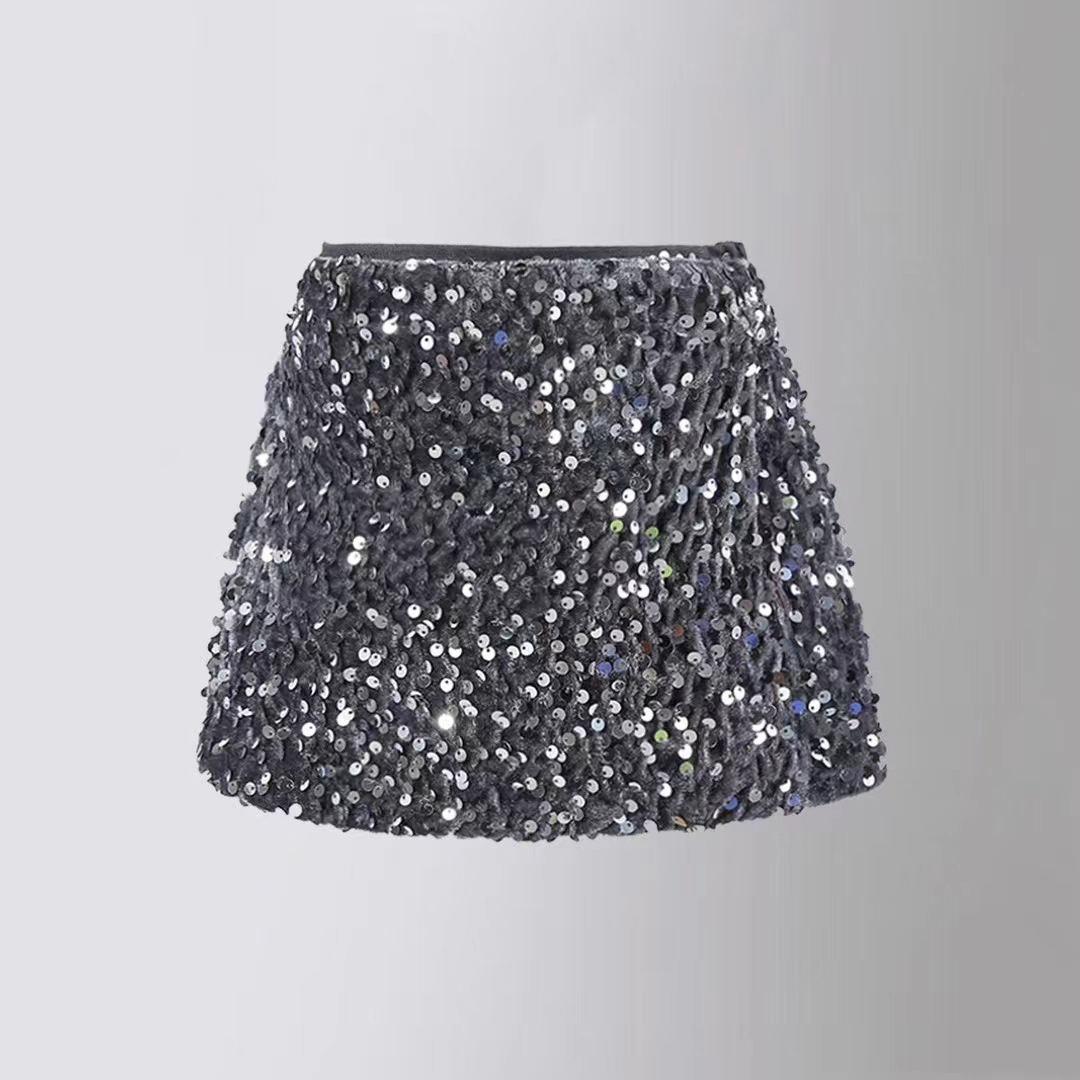 Popular half skirt black glitter skirt 2024 spring new style bustier skirt A-line short skirt