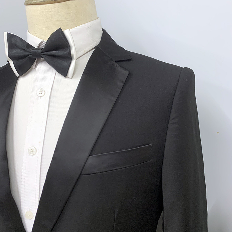 Men's Clothing Business Casual Satin Style Two Piece Suit Black Two Button Skinny_viptrois.com