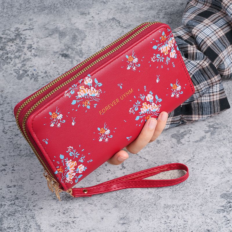 Nuevo estilo de mujer larga doble cremallera estilo coreano estudiantes flores de gran capacidad bolso de teléfono móvil bolso de mano bolso de cambio suave