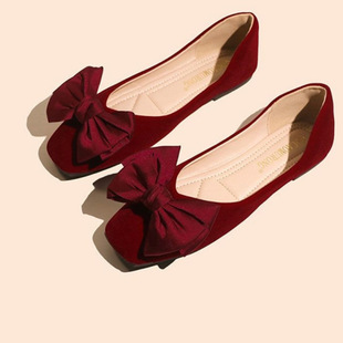 Bow Wedding Shoes, Women's Flats Bridal Shoes, Red Xiuhe Clothing Shoes That Are Not Tiring for Feet, Flats-Heeled Maternity Shoes, Large Size Women's Shoes