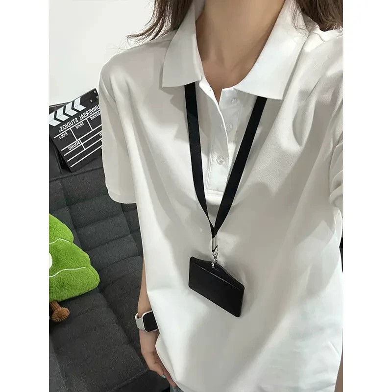 White Straight Shoulder Polo Shirt Short Sleeve Women's Summer High-End Loose Fit Turn-Down Collar T-Shirt Solid Color Basic Style Couple's Half-Sleeve