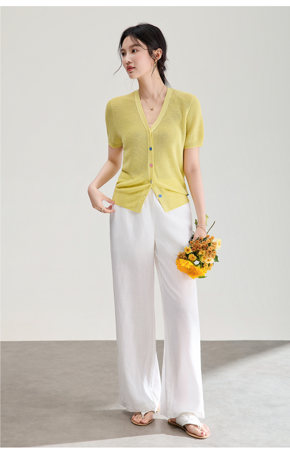 Áo cardigan nữ cổ V dệt kim sợi lanh siêu mịn, cúc màu, thoáng mát mùa hè — xanh lam chi tiết 22