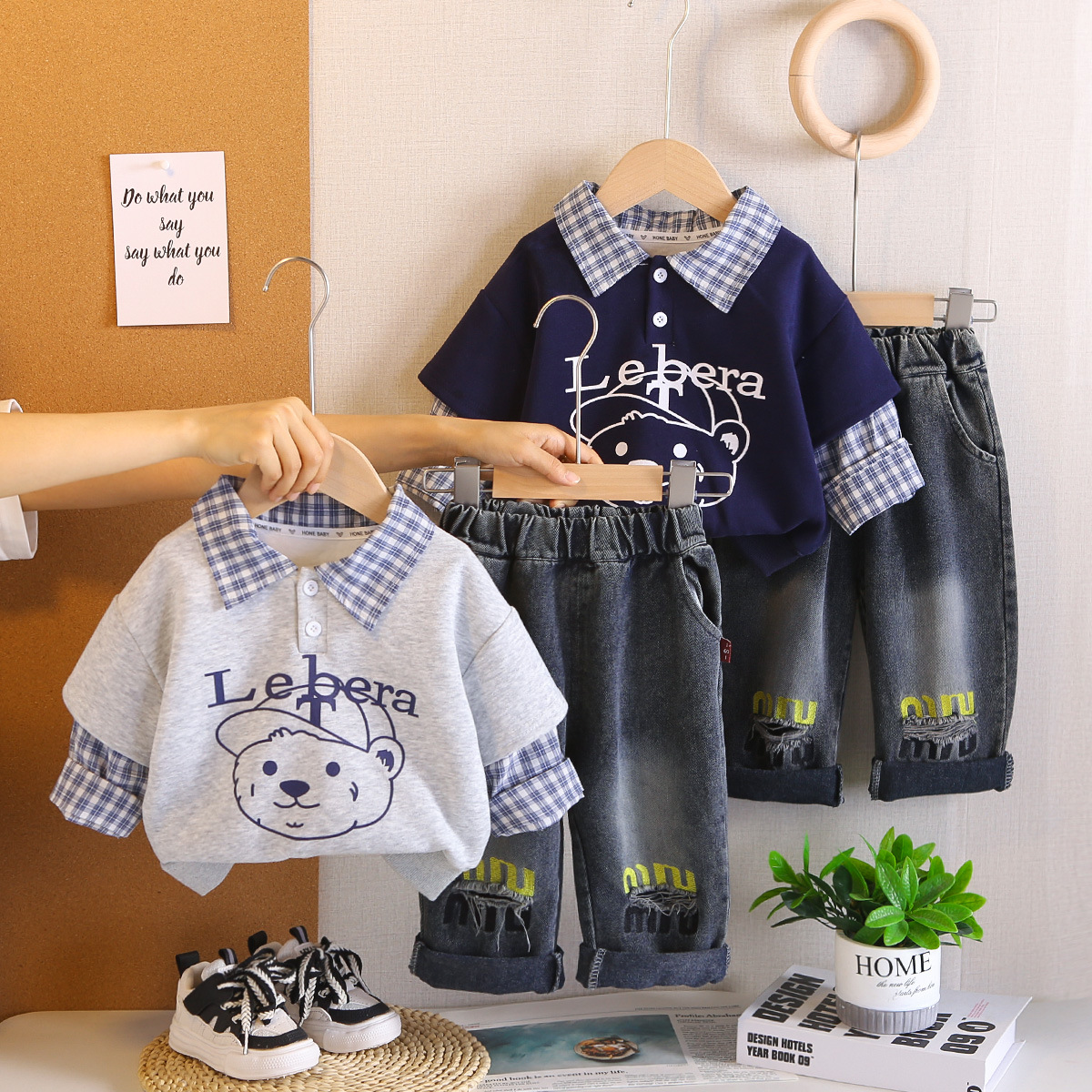 男童春秋装韩版卡通格子衬衫假两件衣服牛仔长裤套装儿童时尚童装