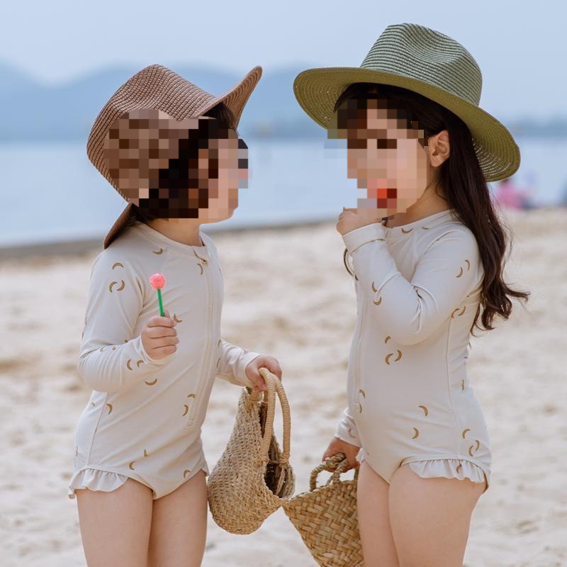 女童夏季连体长袖泳衣宝宝海边防晒衣游泳碎花边可爱泳装0198A082