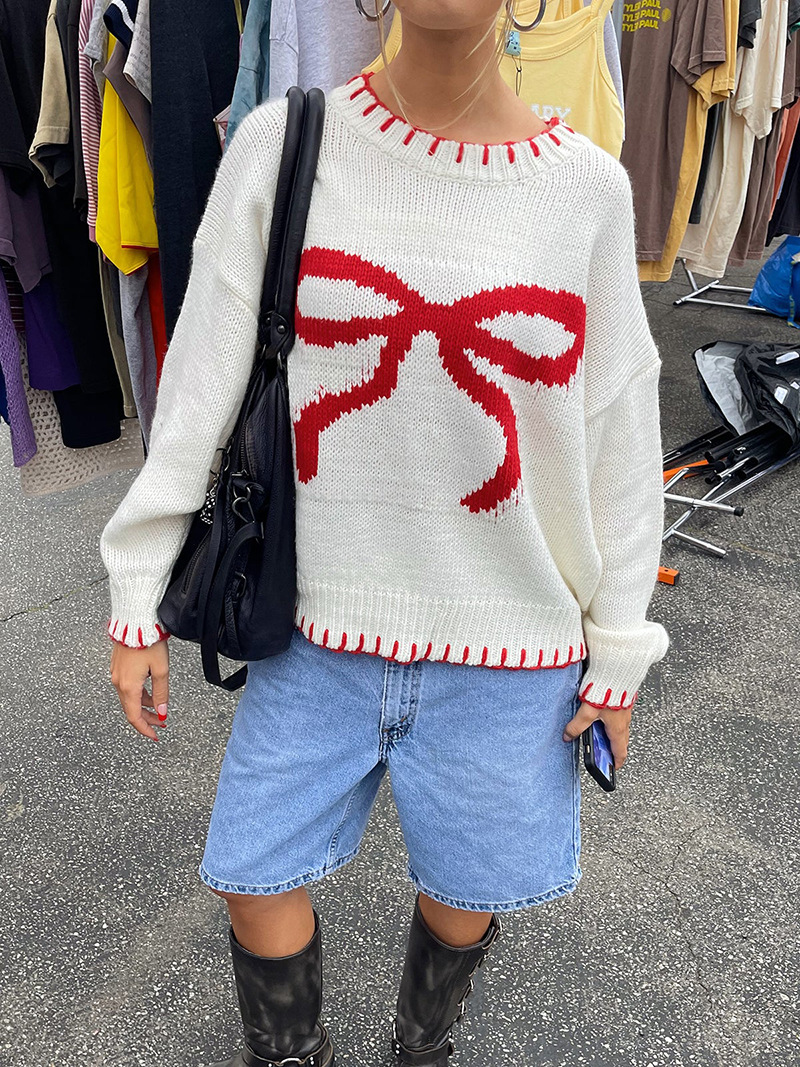 Vêtements pour femmes Pull jacquard à nœud pour femme Automne et hiver Style paresseux Pull ample chaud et confortable_voghion.com