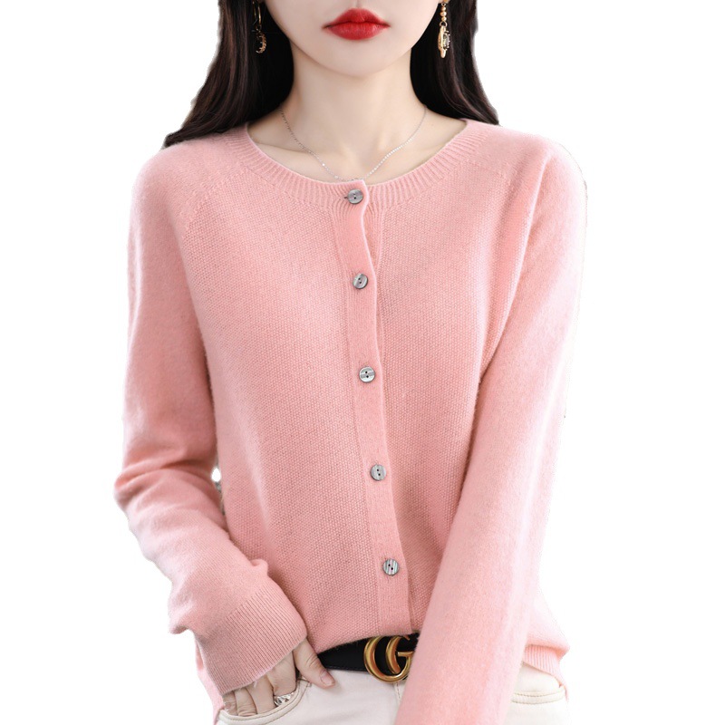 Demi-season woolen cardigan with a round collar