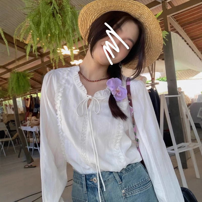法式系带2025年秋花边领白衬衫女小个子别致温柔风衬衣女|undefined
