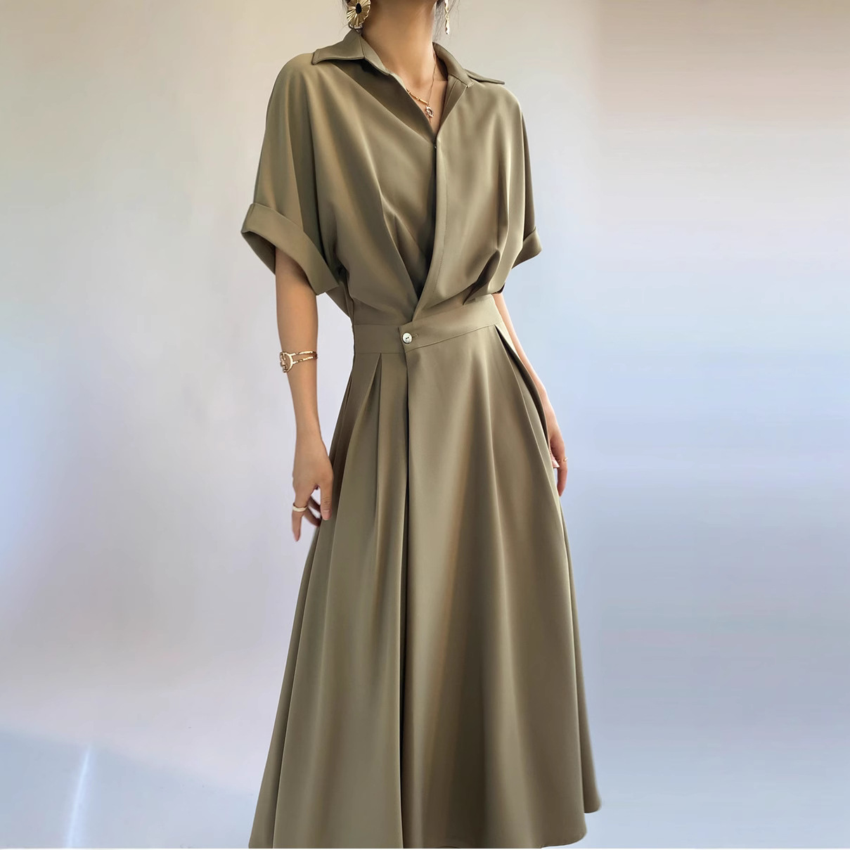 QZ012-连衣裙大码女装2025年夏胖MM收腰遮肚长裙衬衫领裙子